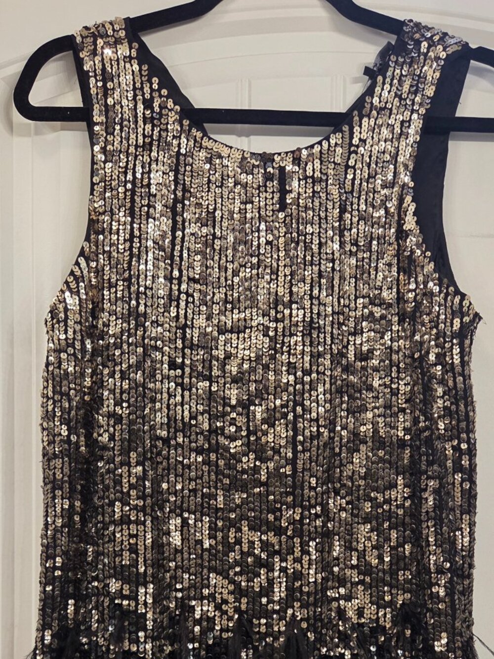 Parker Size 4 Black Gold Sequin Dress with Feathers